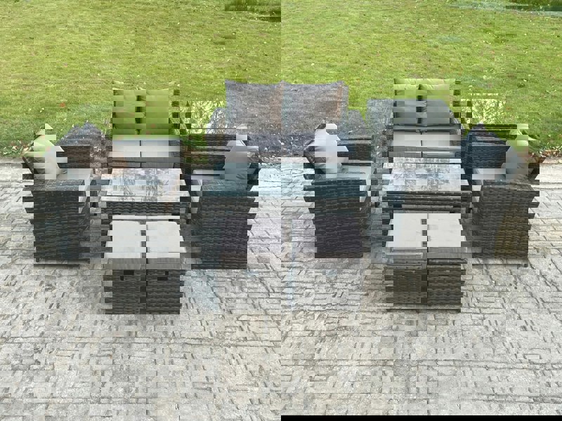 Fimous 6 Seater Outdoor Rattan Garden Furniture Set Patio Lounge Sofa Set with Coffee Table Side Table 2 Small Footstools Dark Grey Mixed