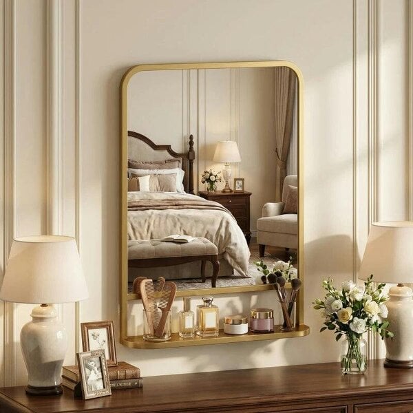 Bobobiy Modern Rectangular Wall Mirror with Storage Shelf, 70 x 50 cm, Gold Tone - Gold Tone