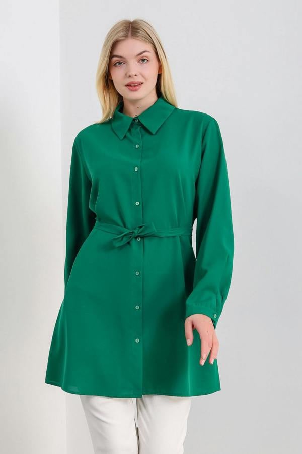 Hoxton Gal Oversized Tie Detailed Shirt Tunic with Long Sleeves in Green