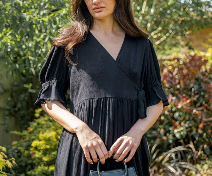 Antonia York Black Wrap Dress | Molly Semi-Sheer Viscose Dobby Dress