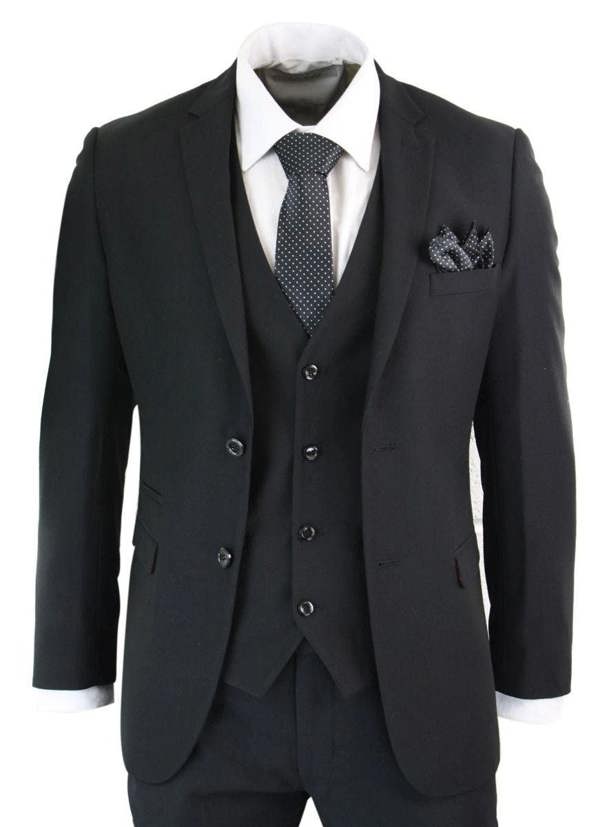Paul Andrew Mens 3 Piece Plain Black Classic Retro Suit