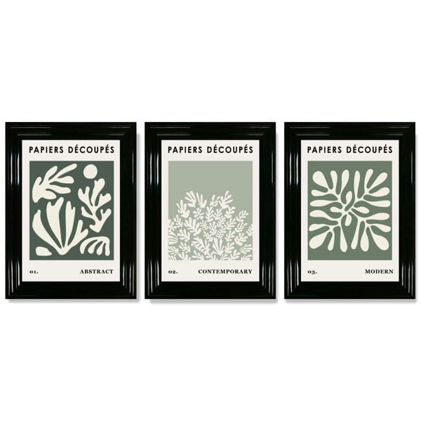 Matisse Floral Set of 3 in Green and Sage Framed Art Prints with Glossy Black Frames
