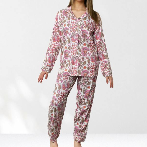 Hayley & Co Block Print Floral 100% Cotton Long Pyjama Set in White and Pink
