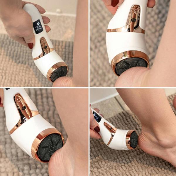 In four close-up images, a person uses the Rio Go Smooth Electric Foot File Hard Skin Remover with Vacuum Action on their heel and sole, effectively exfoliating dry skin for smooth feet.