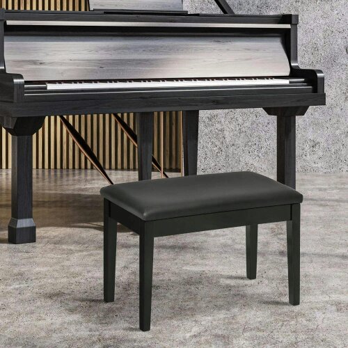 Bobobiy Classic Piano Bench Stool, PU Leather Padded Keyboard Stool with Rubber Wood Legs and Music Storage Compartment, Black