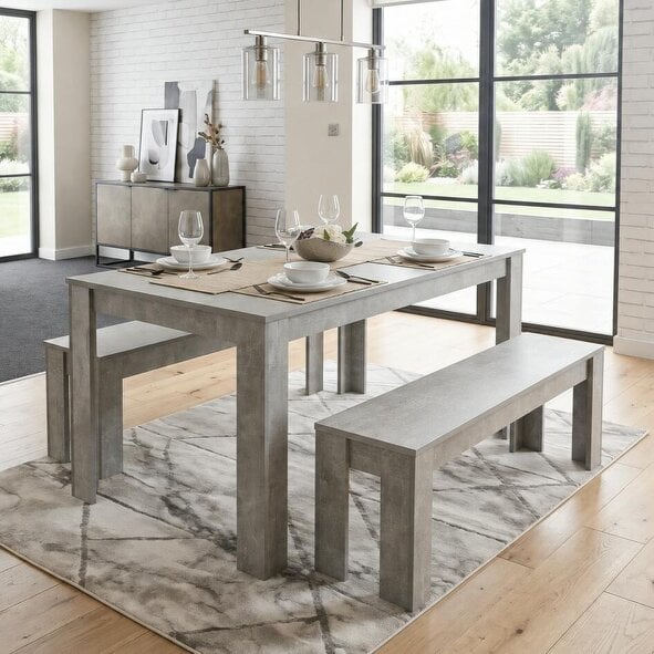 Kosy Koala Stone Grey Effect Wooden Dining Table with 2 Grey Wood Benches Dining Room Furniture Set