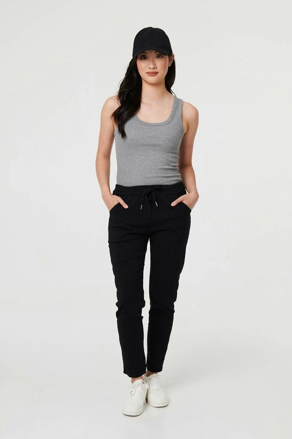 Black | Drawstring Tie Waist Tapered Trousers
