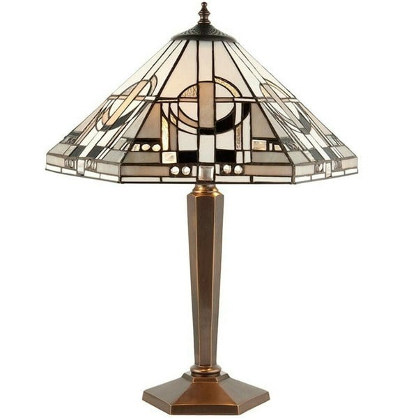 Tiffany Glass Table Lamp Light Antique Patina Bronze & Art Deco Hex Shade i00219 Loops