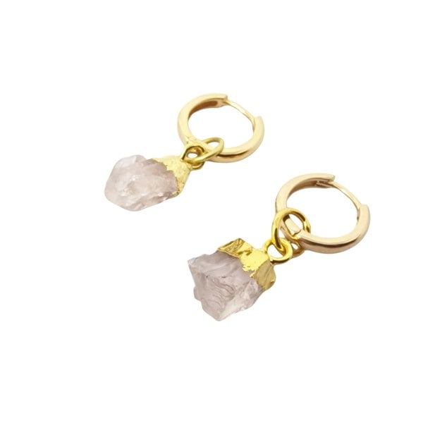 Raw Rose Quartz October Birthstone Gold Plated Huggies