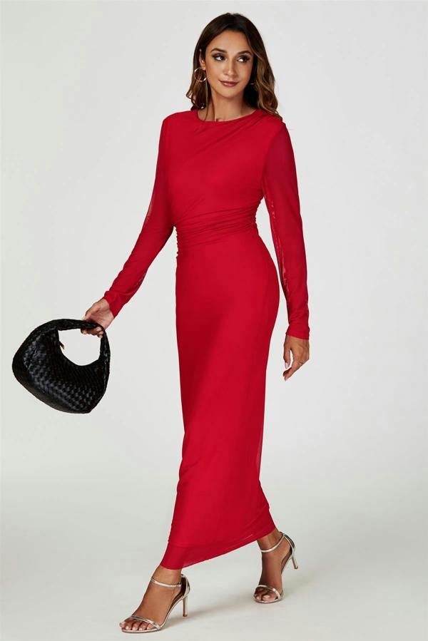 FS Collection Long Sleeves Mesh Midi Dress In Red