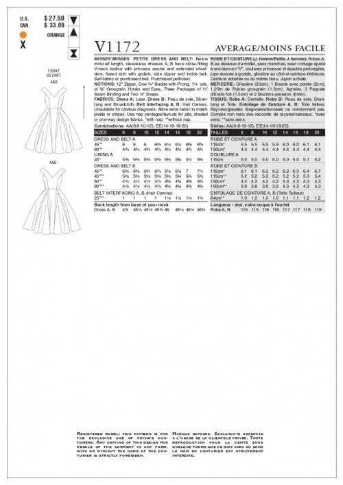 Vogue Sewing Pattern 1172, Belts, Dresses, Vintage Style for Women, 6-8-10-12 - Intermediate