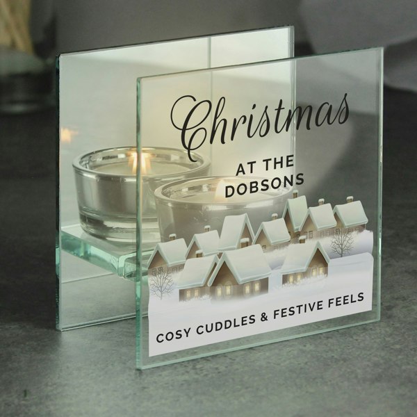 Personalised Memento Company Personalised Christmas Village Mirrored Glass Tea Light Candle Holder