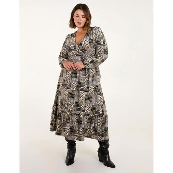 Blue Vanilla Curve Geometric Wrap Front Belted Midi Dress