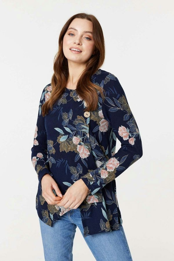 Navy | Floral Print Asymmetric Button Top