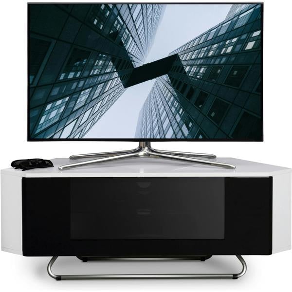 Homeology Hampshire Corner-Friendly Gloss White with Black Contrast Beam-Thru Remote Friendly Door 26"-50" Flat Screen TV Cabinet