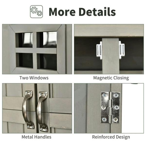 Grey wooden shed details: two window panels, magnetic closing, metal door handles