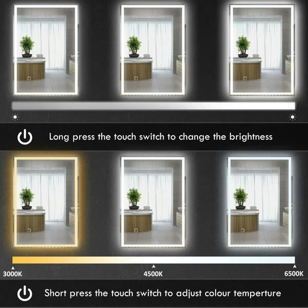 LED bathroom mirror showing adjustable brightness and three light color temperatures