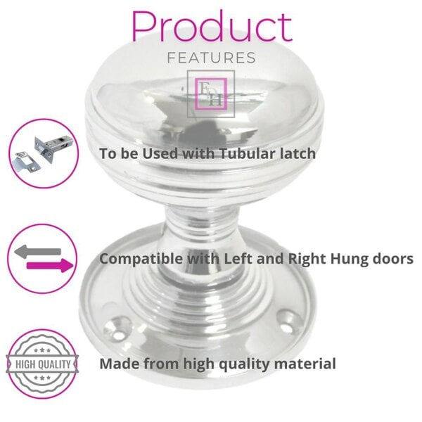 EDH Door Hardware Polished Chrome Reeded Door Knobs + Latch Set Sprung Handles 1 Pair