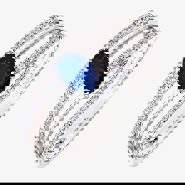 T. H. Baker 9ct White Gold Blue Oval Sapphire & 0.20ct Diamond Three Row Cross Over Ring DR1109W SA