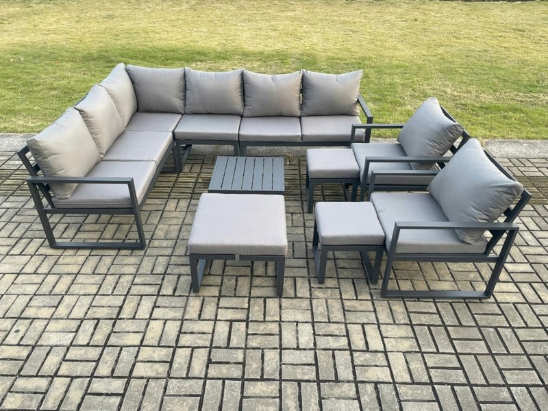 Fimous 11 Seater Outdoor Lounge Corner Sofa Set Aluminium Garden Furniture Sets with Square Coffee Table 2 Chairs 3 Footstools Dark Grey