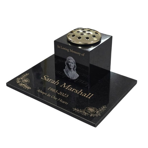 Memorials Direct Granite Memorial Vase and Tablet, Solid Granite, Add a Portrait Image, 6x6x6 Inches, 8KG, Includes Flower Pot Insert