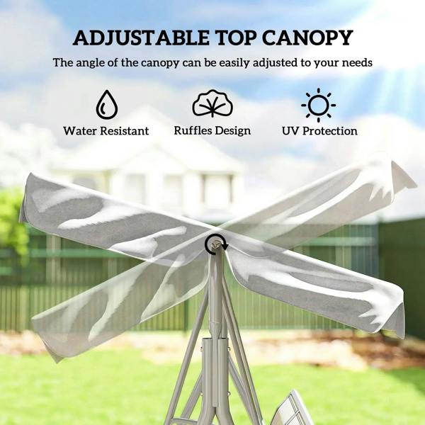 Light grey adjustable canopy for a 3-seat metal swing bench with tie straps.