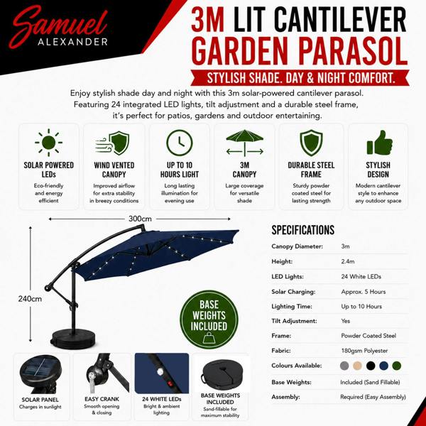Samuel Alexander 3m Solar Powered Cantilever Lit Banana Garden Parasol with Crank Handle & White LED Lights in Blue with Base Bag Included