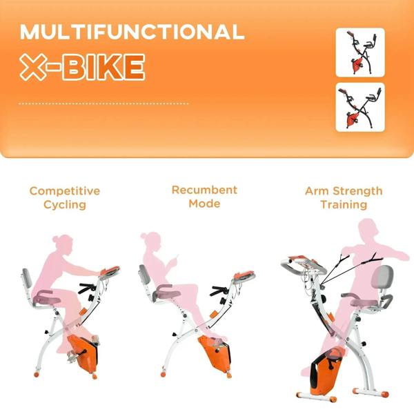 Multi-mode folding exercise bike with orange resistance unit, adjustable seat and handlebars