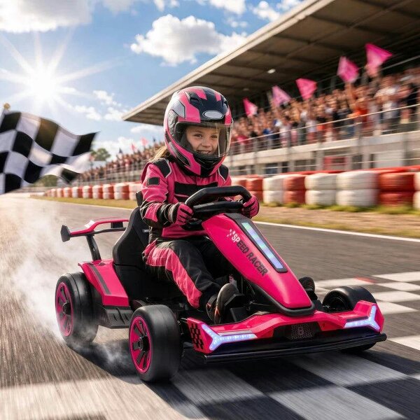 24V Electric Go Kart for Kids 6-12 Years with Drift Mode, Adjustable Seat, 3 Speed, Slow Start, Pink