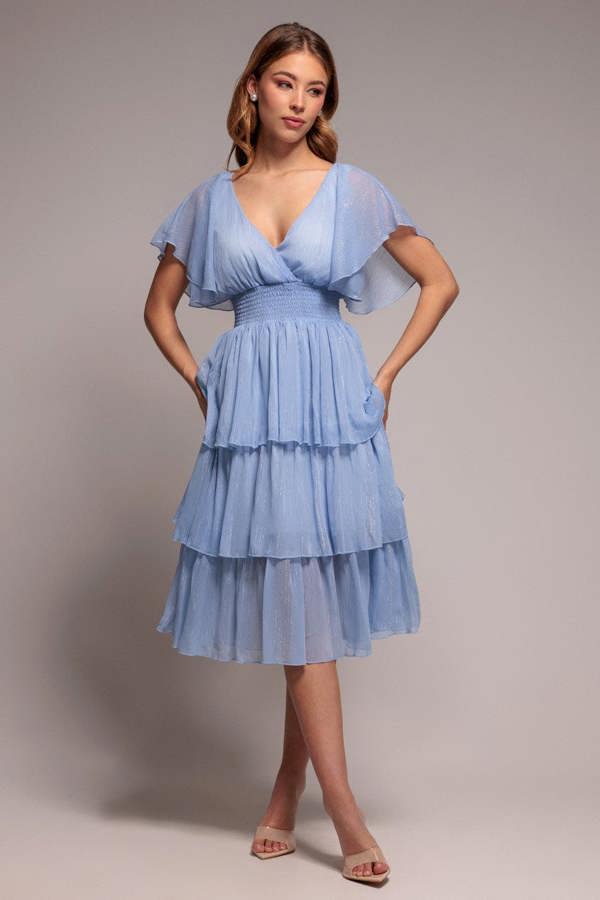 Plain Lurex Chiffon Tiered Dress - Light Blue DR3905QZ