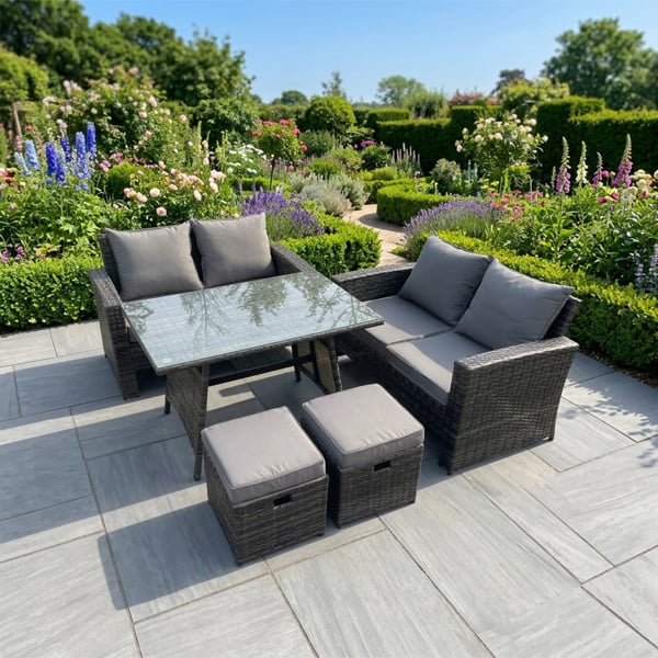 Fimous 6-Seater Dark Grey Rattan Outdoor Dining Set | Rectangular Table, Double Sofa, 2 Footstools