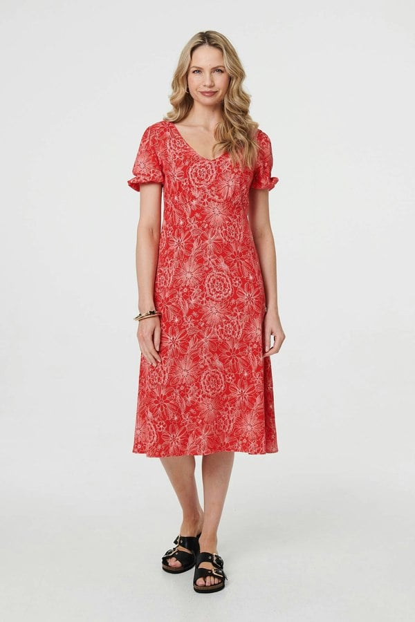 Red | Printed Short Puff Sleeve Midi Dress
