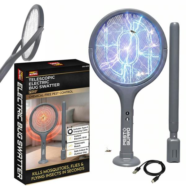 Electric Bug Zapper Telescopic Fly Swatter Racket - USB Type C Rechargeable with Rotatable Head For Mosquito & Flying Insect Control