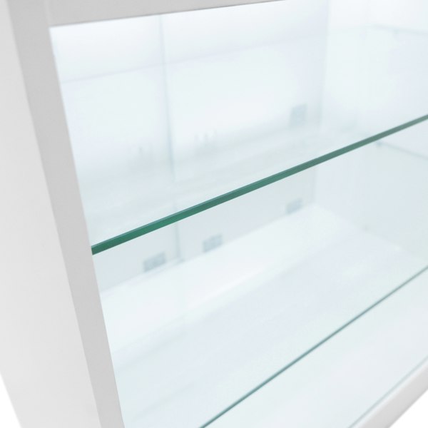 White LED retail shop counter K900 featuring sleek glass shelves and a modern design, ideal for showcasing products in a stylish display