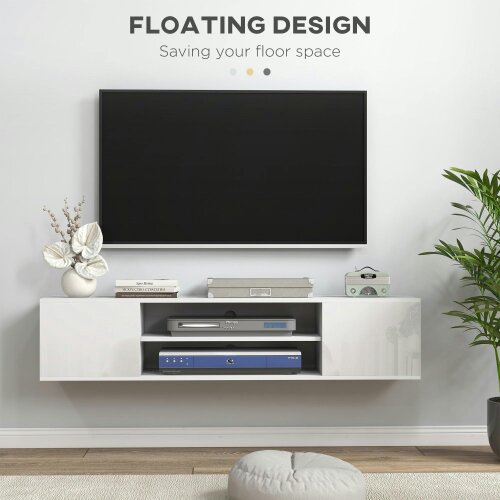 Wyld Haus Lumipa 140cm High Gloss White Floating TV Stand With Open Shelves And Doors For Screens Up To 60 Inches