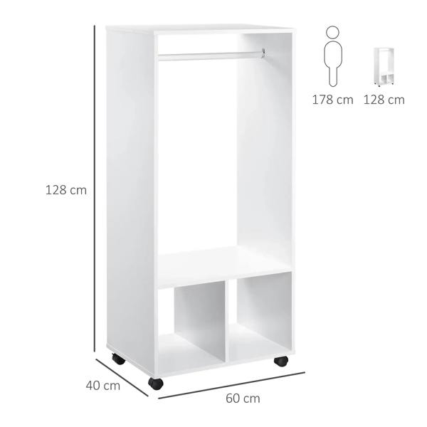White mobile wardrobe with hanging rail, two cubby shelves, and caster wheels