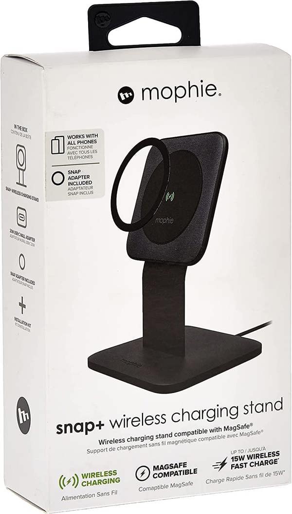 Mophie Qi 15W Snap+ Wireless Charging Stand Black with 20W USB C UK Plug