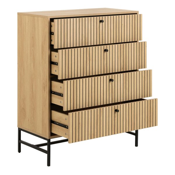 Wyld Haus Bjork Natural Oak Wood and Black Panelled Chest of 4 Drawers