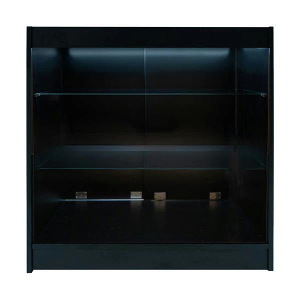 Black Aries LED shop counter set featuring sleek glass shelves and illuminated interior, perfect for showcasing products