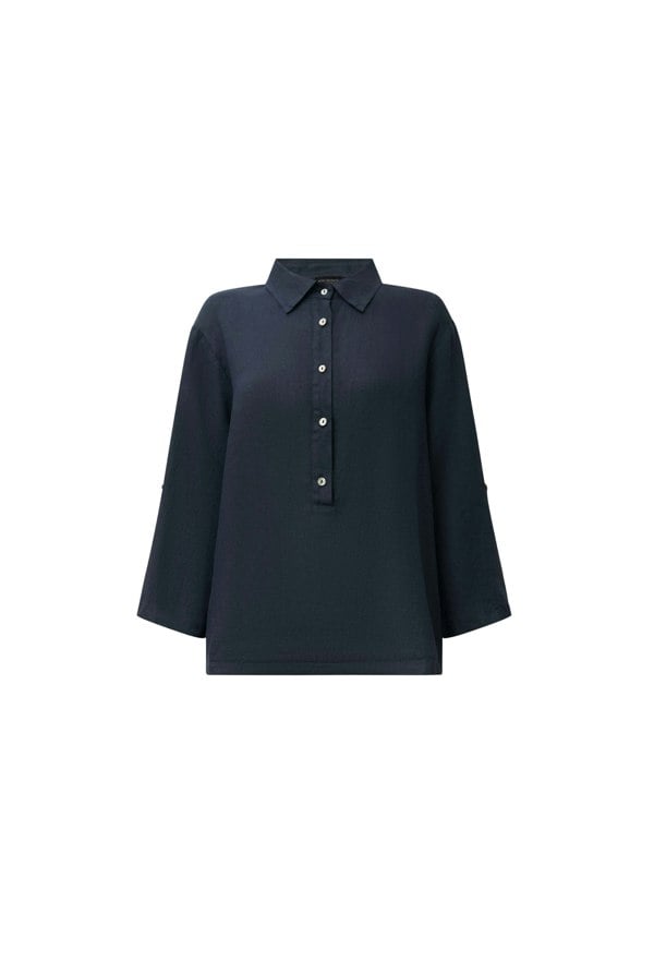 Navy linen blouse with button front and roll tabs