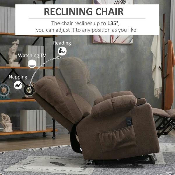 Dark brown power lift recliner chair reclined with extended footrest and padded armrests.