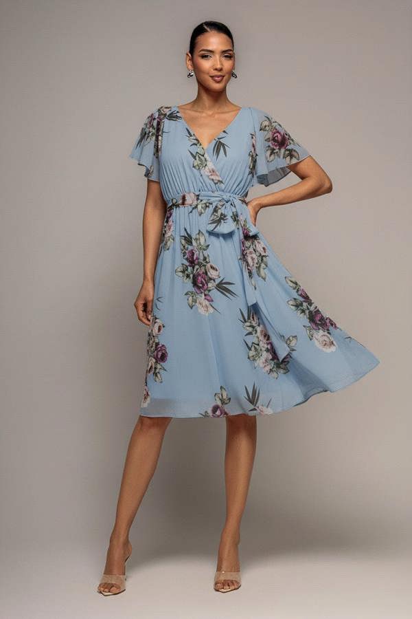 Sustainable Floral Print Midi Wrap Dress With Flutter Sleeves - Airforce Blue DR1641BBS