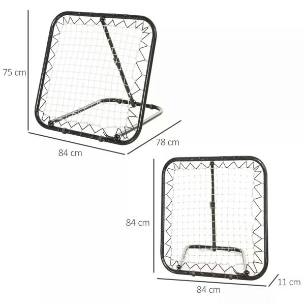 Black rebounder net goal with white mesh and visible size diagram