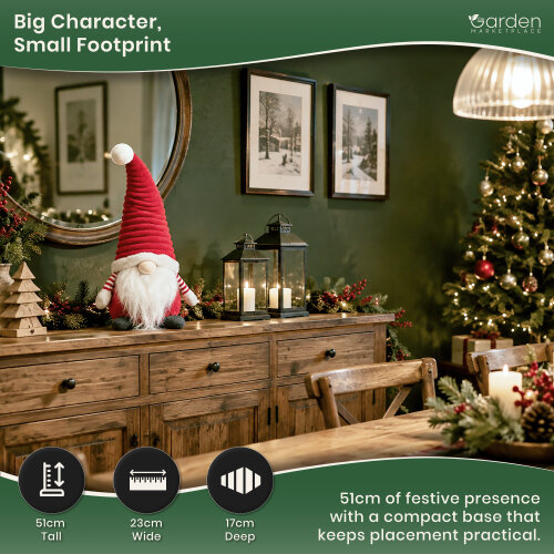 Large Christmas Cute Groovikert Gonk Figure in Red, Soft Freestanding Festive Decoration, 51cm Tall Polyester Character, 23cm Wide x 17cm Deep