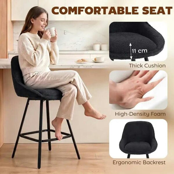 Bobobiy Bar Stools Set of 2, 64 cm Modern Linen-Touch Fabric 360° Swivel Counter Height Bar Chairs, Black
