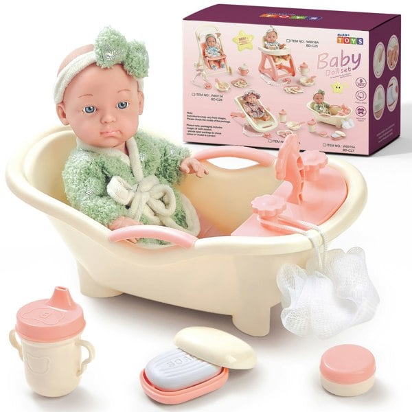 deAO Toys Baby Doll Bath Play Set - Doll Bathtub Set with Trolley, and Accessories Complete Role Play Toy for Kids with Bathtub, Baby Bottle, and More