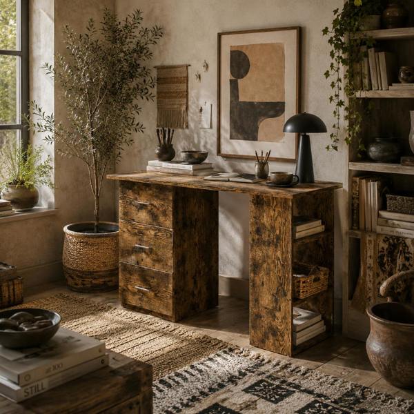 Wyld Haus Lomoto 120cm Rustic Brown Home Office Desk With 3 Shelves And 3 Drawers