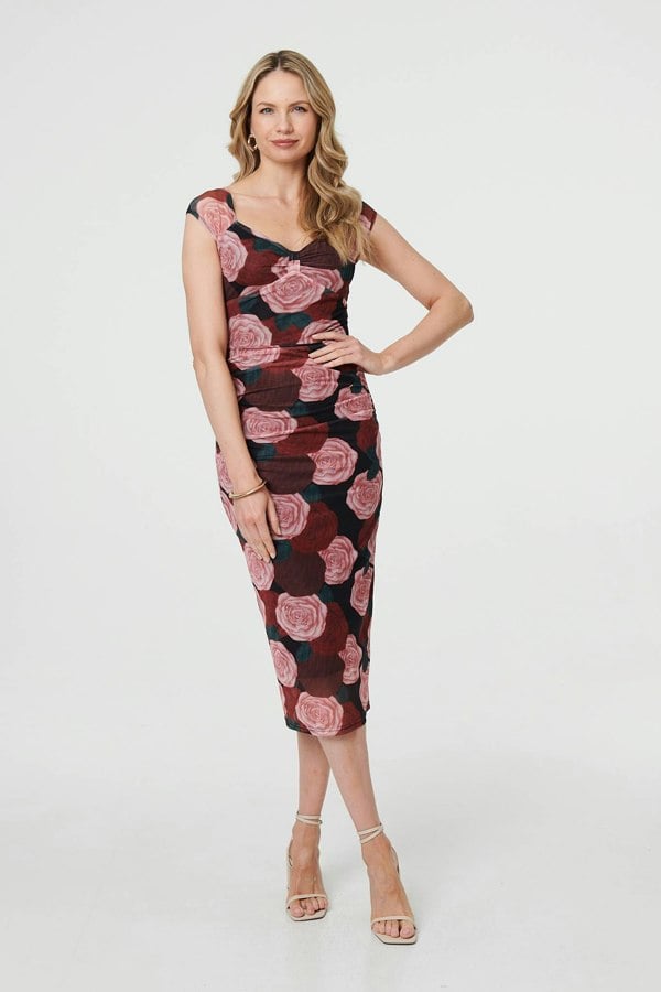 Pink | Floral Semi Sheer Cap Sleeve Midi Dress
