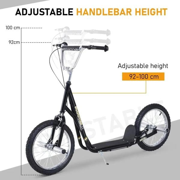 Black kids stunt scooter showing adjustable handlebar height range, 92–100 cm