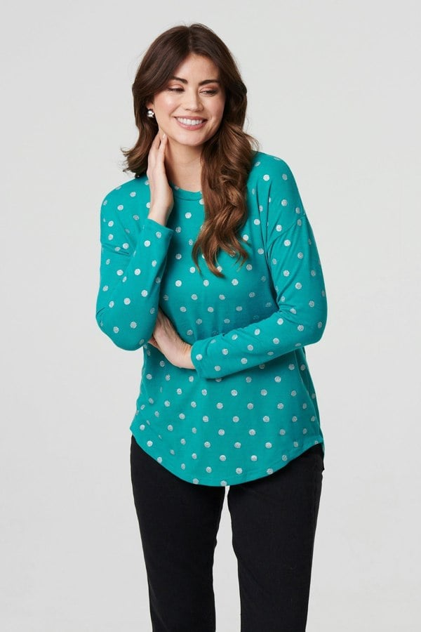 Green | Polka Dot Print Relaxed Long Sleeve Top
